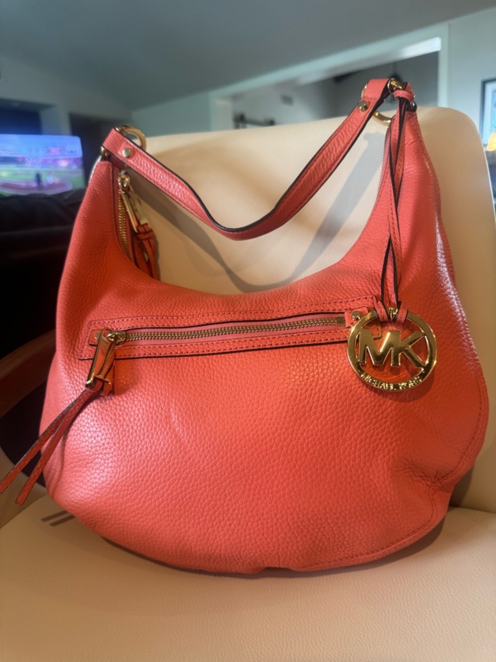 Michael Kors Rhea Coral Orange Pebbled Leather Hobo with Gold Hardware - Picture 3 of 15
